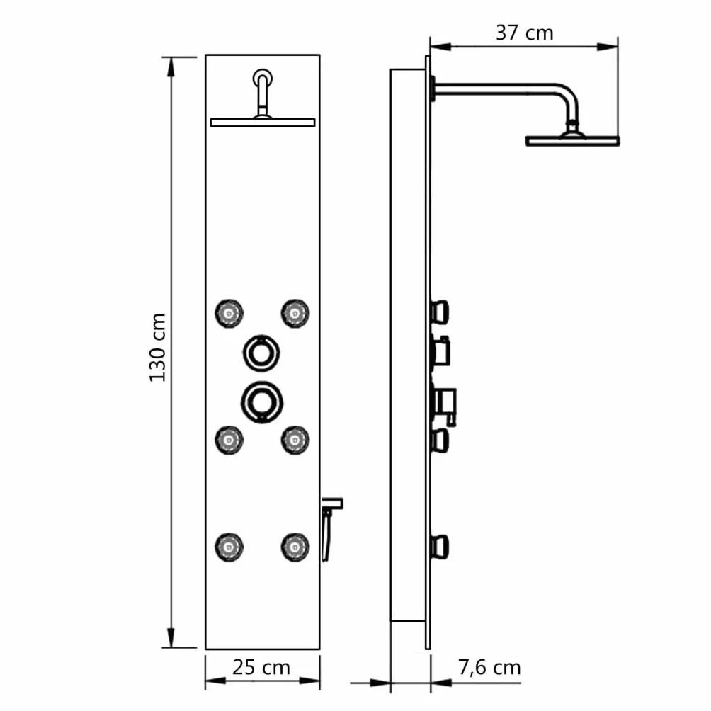 Panel prysznicowy ze stali nierdzewnej z hartowanym szkłem 25 x 44,6 x 130 cm, biały, z 3 trybami deszczownicy i dysz do masażu, do kabiny prysznicowej, wanny