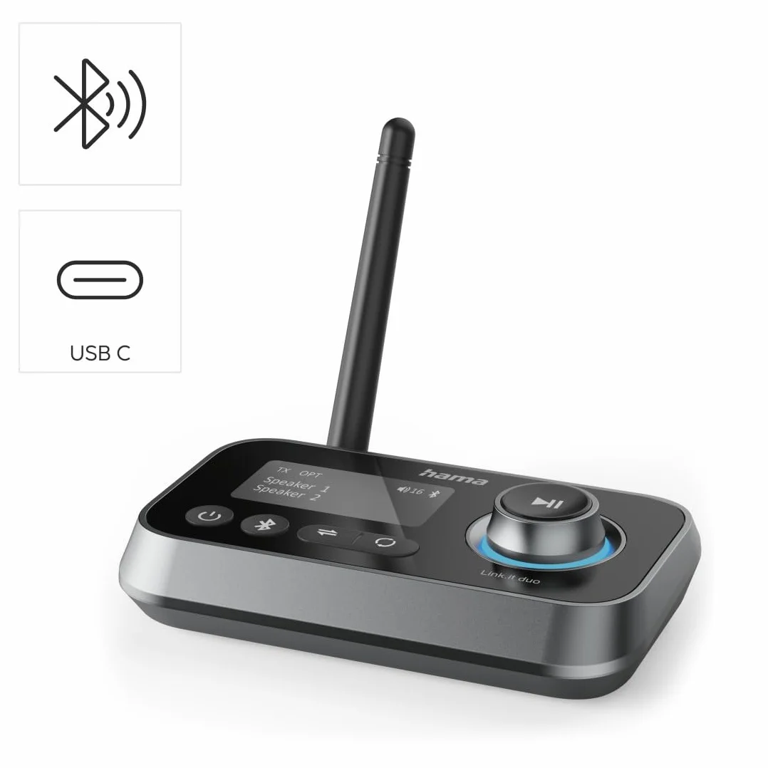 Hama TRANSMITER BLUETOOTH LINK IT Duo 2w1 Adapter Nadajnik i Odbiornik Bluetooth Zasięg 10m Jack 3,5mm USB-C Czarny
