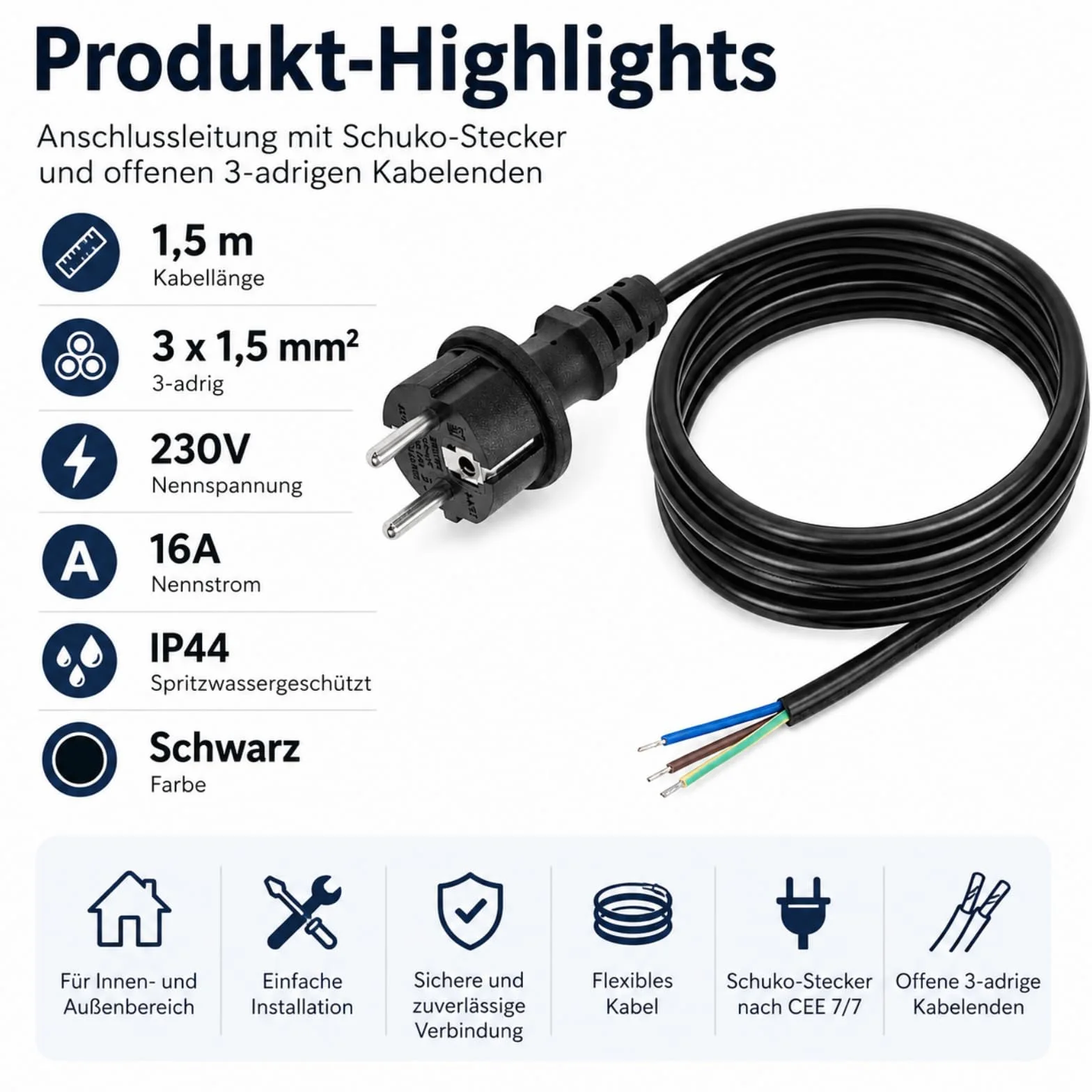VIEVRE Kabel przyłączeniowy 1 m z wtyczką, kabel zasilający 3-biegunowy, kabel 3 x 1,5 mm², wtyczka Schuko z kablem, kabel zasilający z wtyczką, kabel przyłączeniowy z wtyczką, 230 V, 16 A, IP44