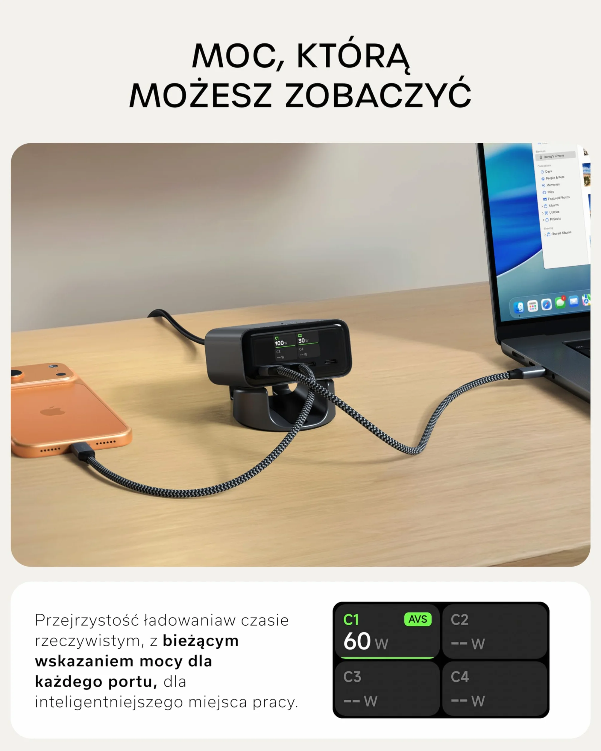 SATECHI ChargeView Ładowarka Biurkowa 140W Stacja Ładowania GaN z Wyświetlaczem Mocy Cztery Porty USB-C Kosmiczna Czerń
