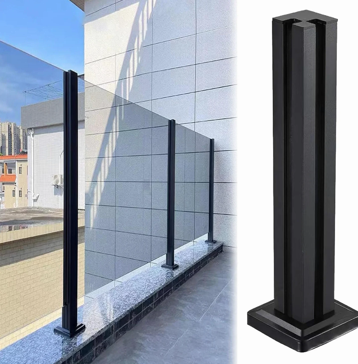 Regulowana szklana balustrada ze stali nierdzewnej od 60 do 130 cm ze wzmocnioną podstawą i słupkiem narożnym (75 cm), czarna