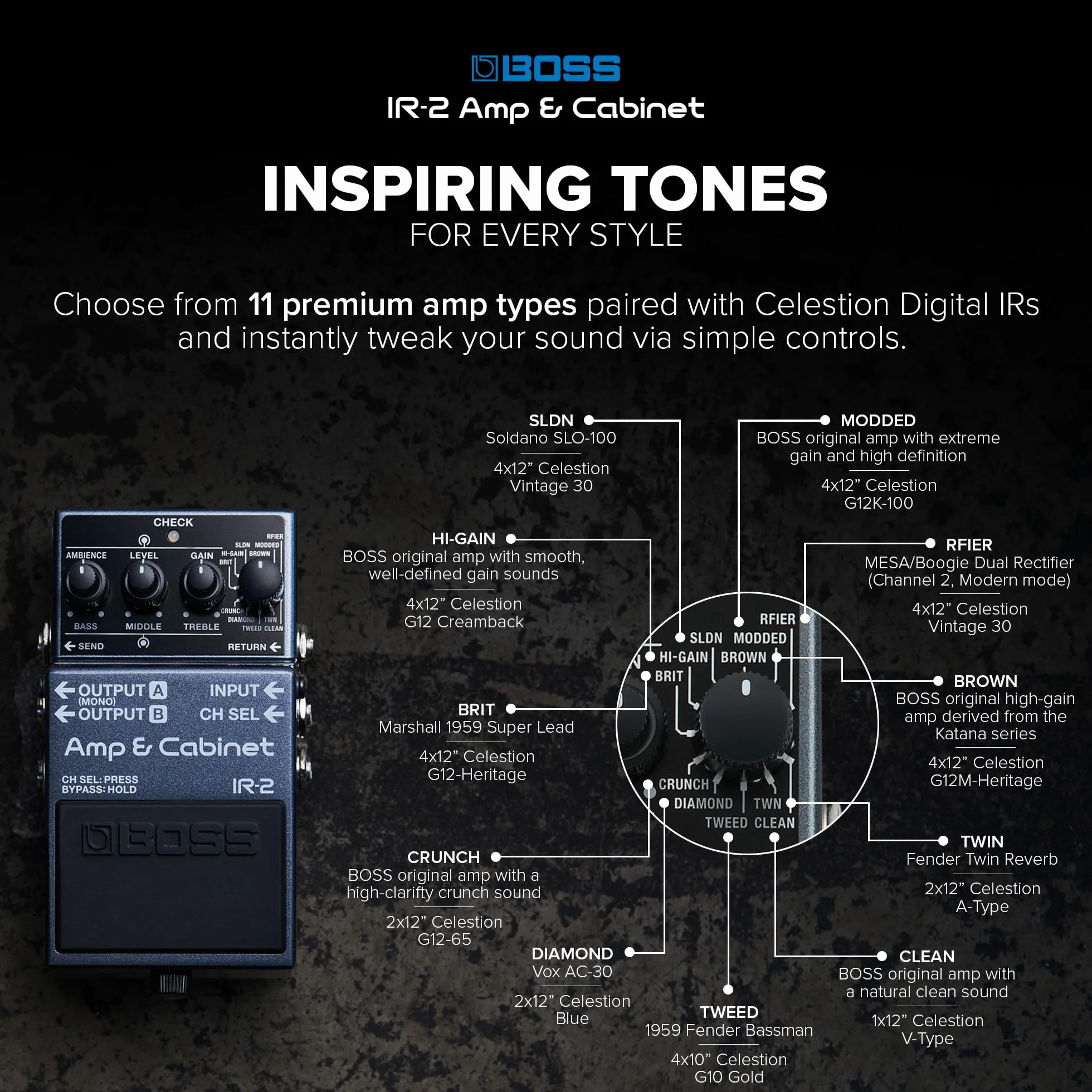 BOSS IR-2 Amp & Cabinet | Emulator Wzmaczniaczy Premium & Cabinet IR Loader | 11 Różnych Typów Wzmacniaczy | Kolumny IR od Celestion Digital | Prosty Interfejs Użytkownika