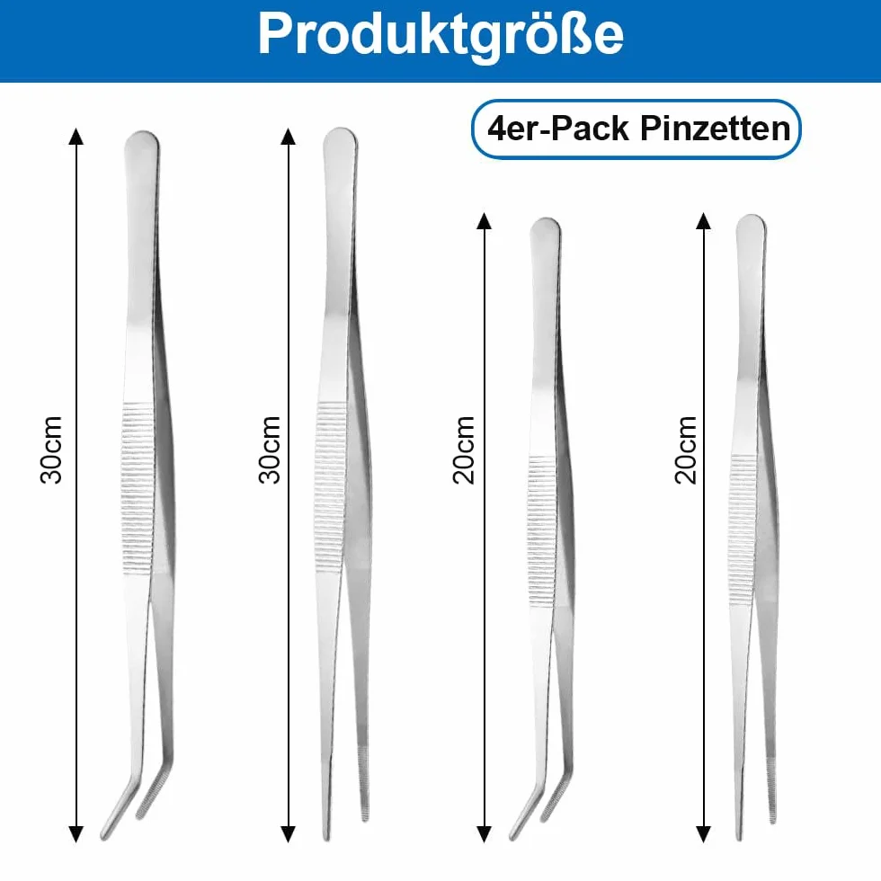 4 pęsety szpiczaste, długie pęsety 20 cm/30 cm, zestaw pęsety proste/wygięte, pęseta kuchenna, pęseta kuchenna ze stali nierdzewnej, tweezery do aquascapingu, prac ogrodowych, gotowania, zastosowań