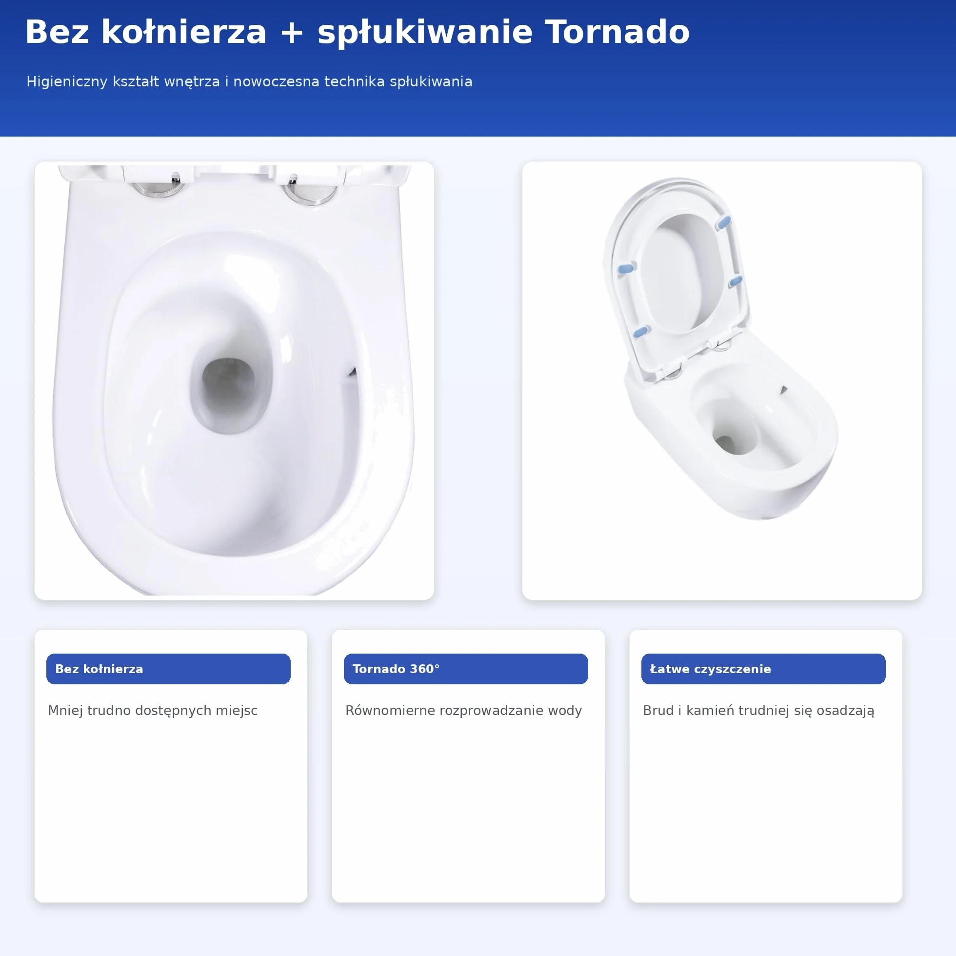 Wisząca + WC bez kołnierza 53 cm, naścienna WC z deską Softclose, biała