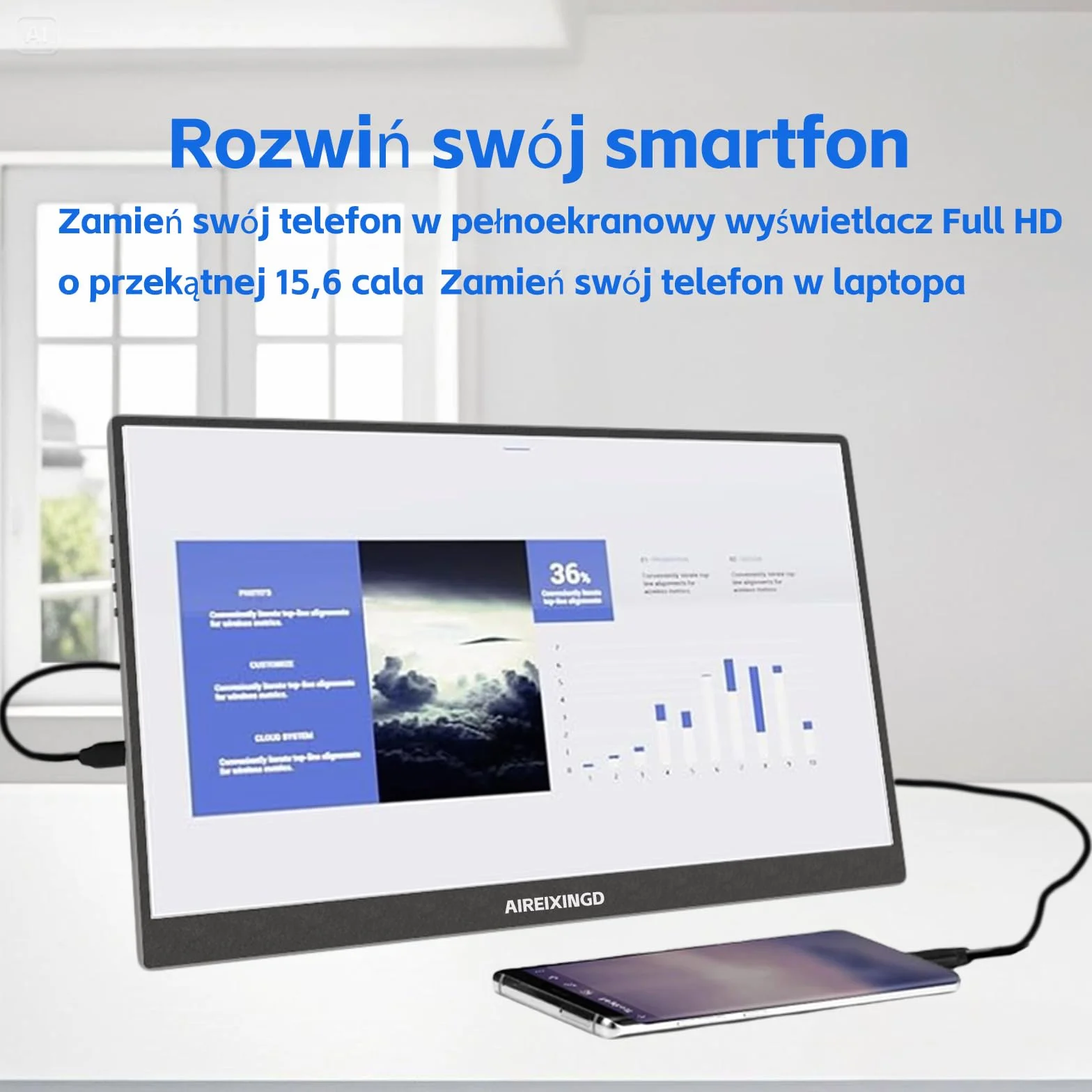 Przenośny monitor, 15,6" 1920×1080 FHD IPS przenośny ekran do laptopa ze stojakiem, montaż VESA,drugi ekran do laptopa/PC/Mac/PS5/Xbox - złącze USB C i HDMI [Klasa energetyczna A]