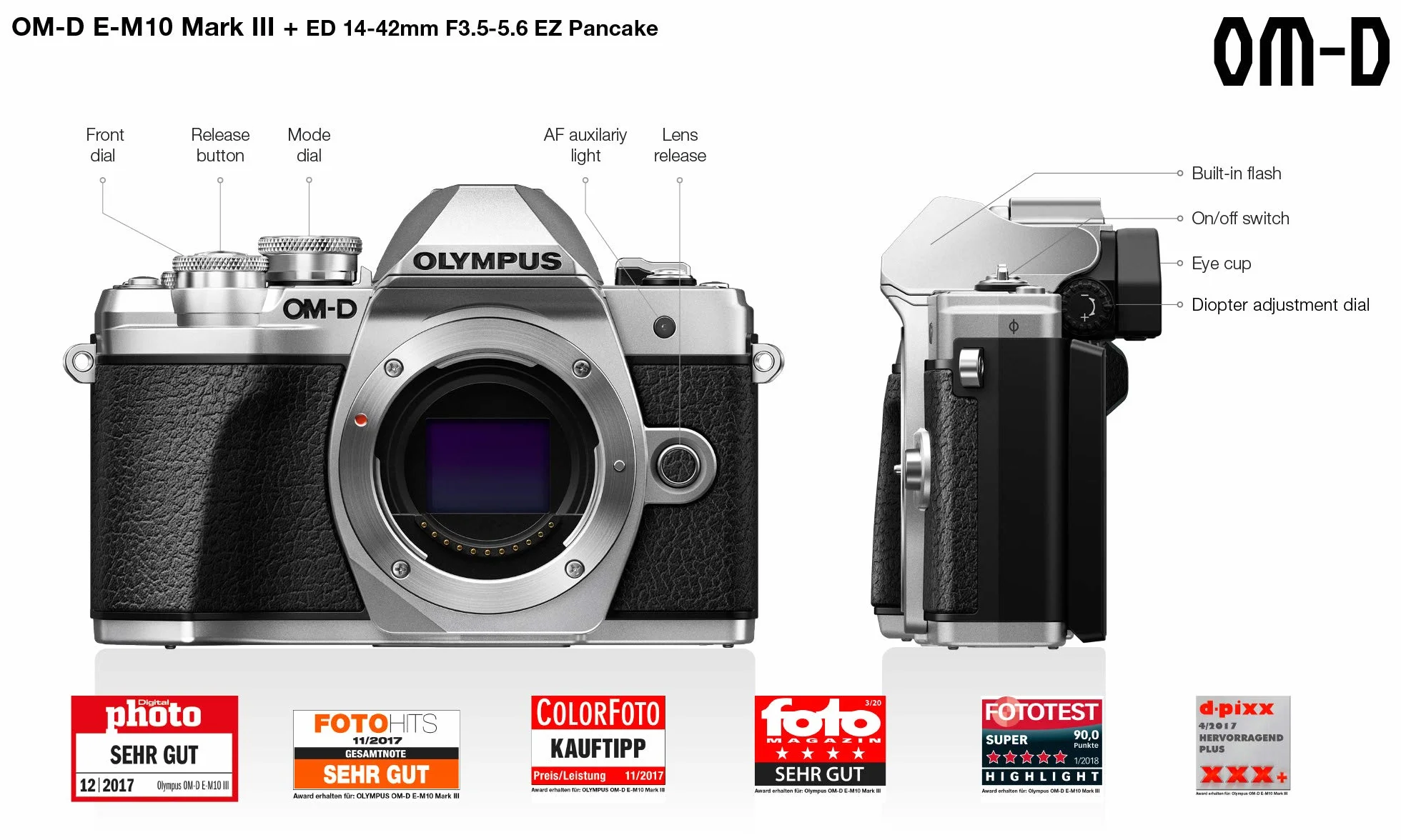 Olympus OM-D E-M10 Mark III Kit, Micro Four Thirds aparat systemowy (16 megapikseli, stabilizator obrazu, wizjer elektroniczny, wideo 4K) + M.Zuiko obiektyw zmiennoogniskowy 14-42 mm EZ, srebrny