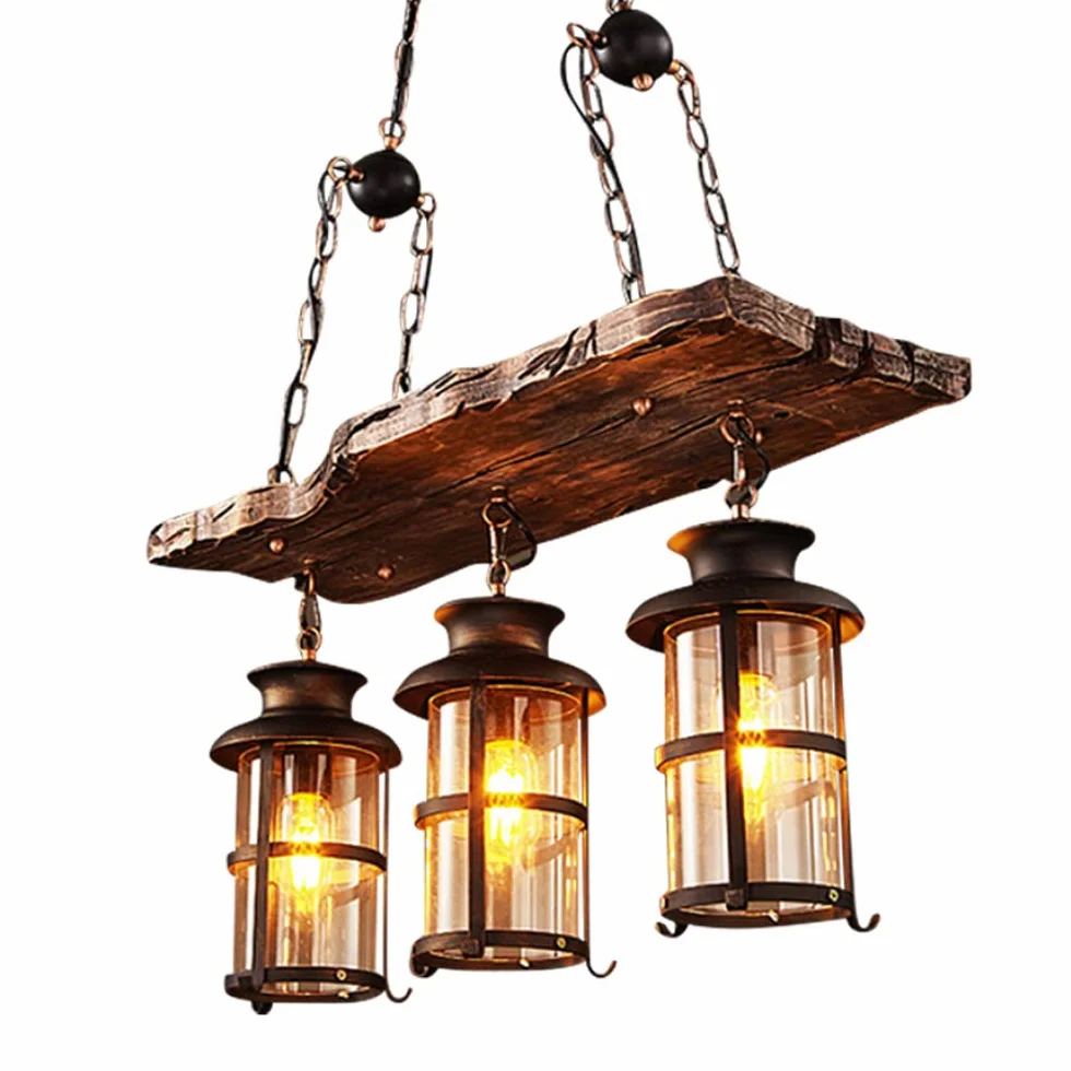 Lampa wisząca w stylu vintage, E27, industrialny żyrandol, styl vintage, drewno, lampa wisząca, czarne żelazo, szkło, abażur, lampa wisząca z regulacją wysokości, 3 płomienie oświetlenia, loft