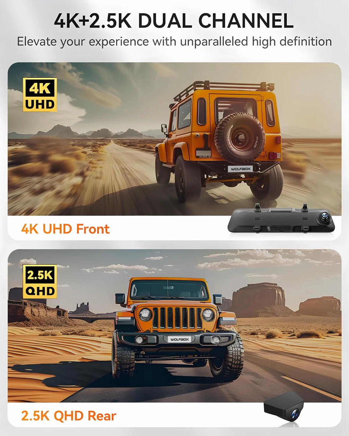 WOLFBOX Dashcam 4K + 2,5K für Rückspiegel 12 Zoll Bildschirm WDR Nachtsicht 64GB GPS