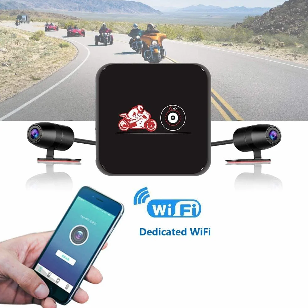 VSYSTO Kamera motocyklowa 1080p podwójna soczewka WiFi szerokokątna 130°