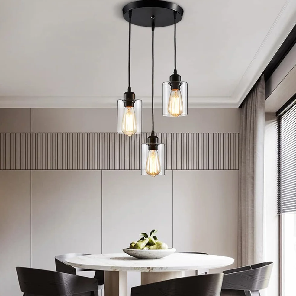 Retro 3 światła oświetlenie wisiorka, Podstawa Loft Loft Loft przemysłowe wyposażenie lamp wiszących, z szklanym matowym czarnym żyrandolą, do kuchni, wiejskiej restauracji kawiarni