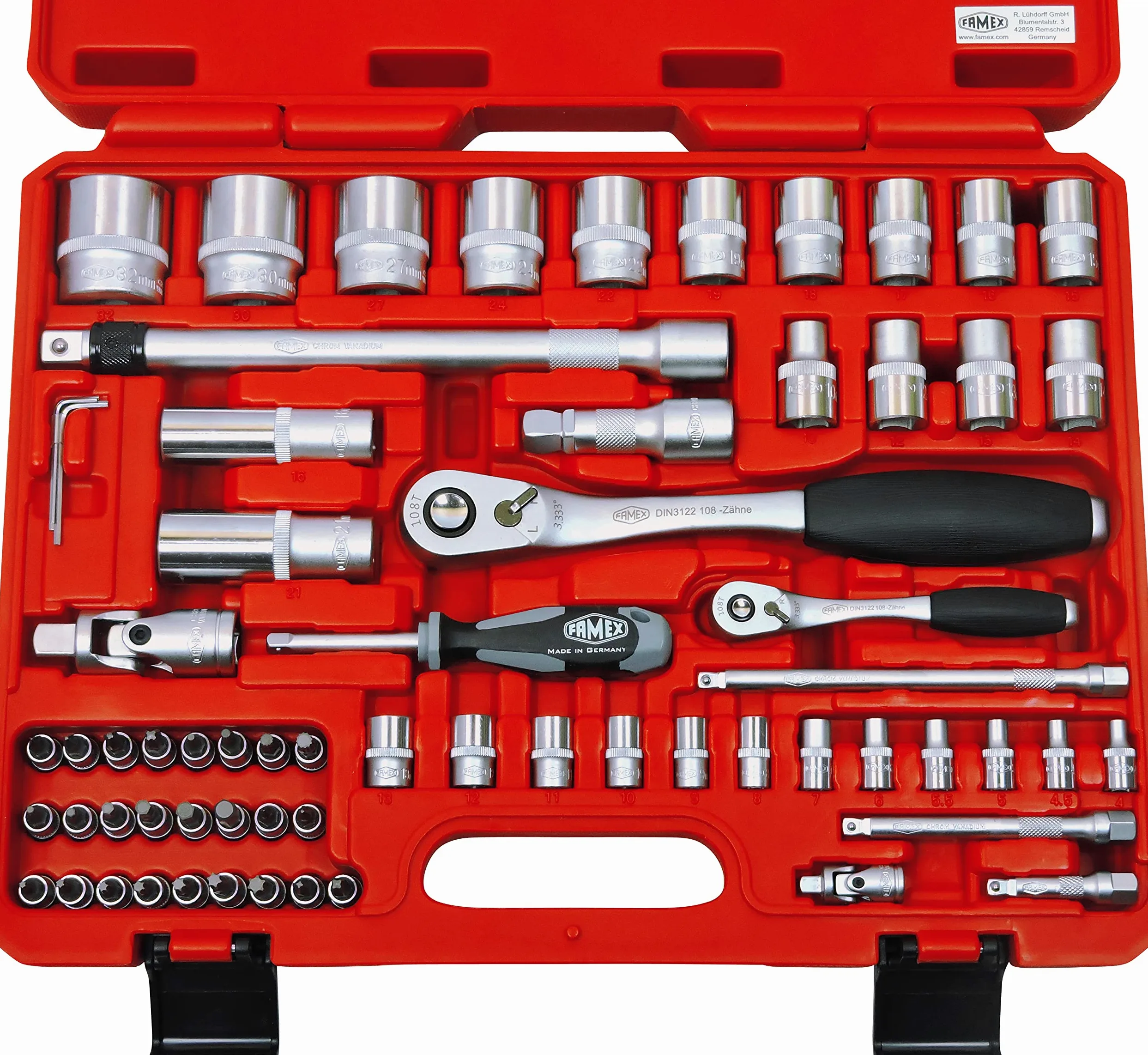 FAMEX 580-16 mechanik zestaw kluczy nasadowych z 108-zębowymi grzechotkami - profesjonalna skrzynka z grzechotką - mechanizm blokujący - wkładki bitowe