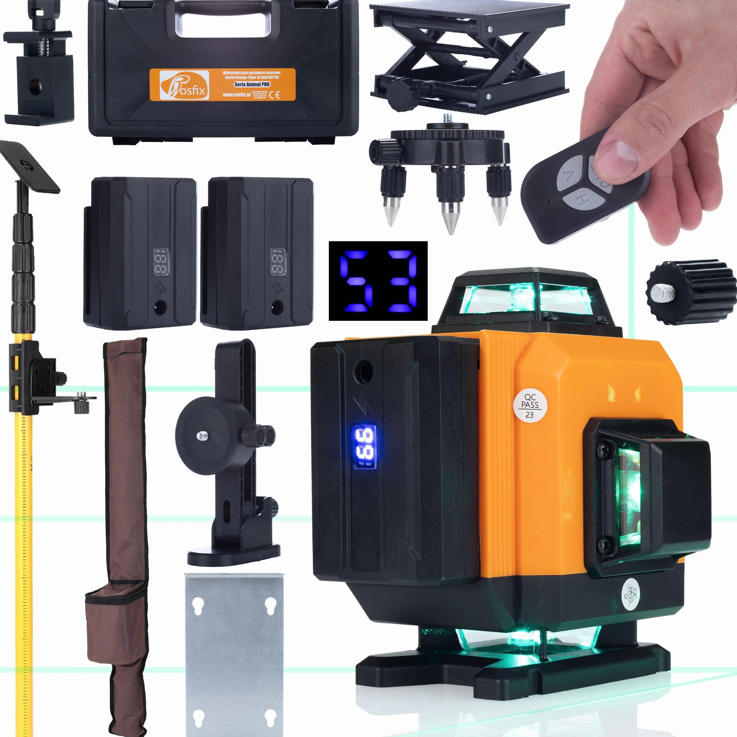 ZESTAW LASER KRZYŻOWY POZIOMCA 360 TYCZKA ROSFIX ORANGE TIGER WALIZKA 2AKU
