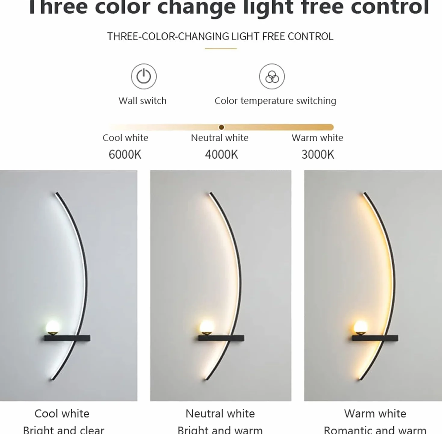Nowoczesne lampy ścienne LED, Nordic Minimalist Creative Creative Wall Sconce do salonu Wystrój Backgroud Wystrój metalowego oświetlenia, czarny, 55 cm po lewej stronie