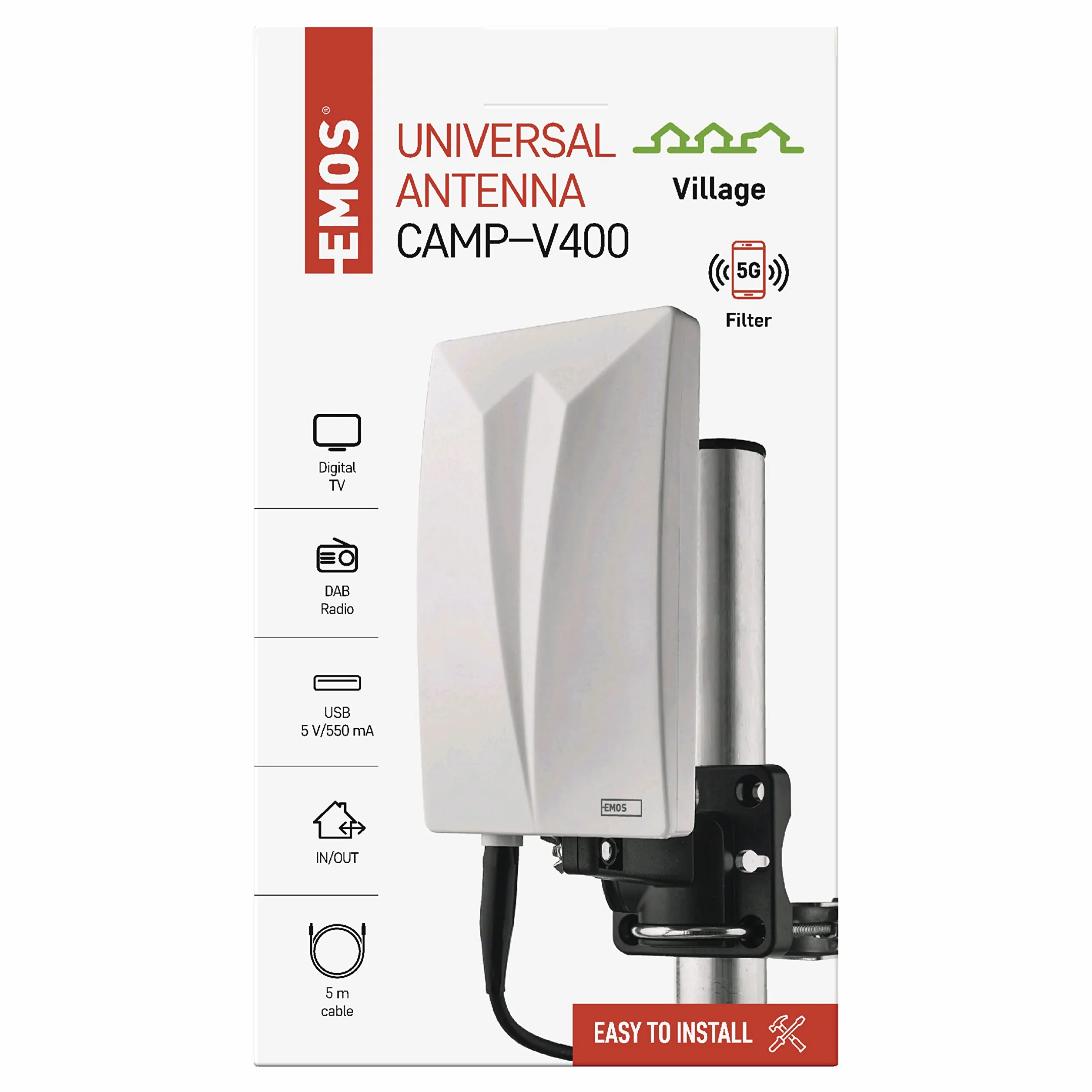 EMOS Antena wewnętrzna i zewnętrzna Village DVB-T2 DAB FM Full HD z filtrem LTE 4G 5G i wzmacniaczem