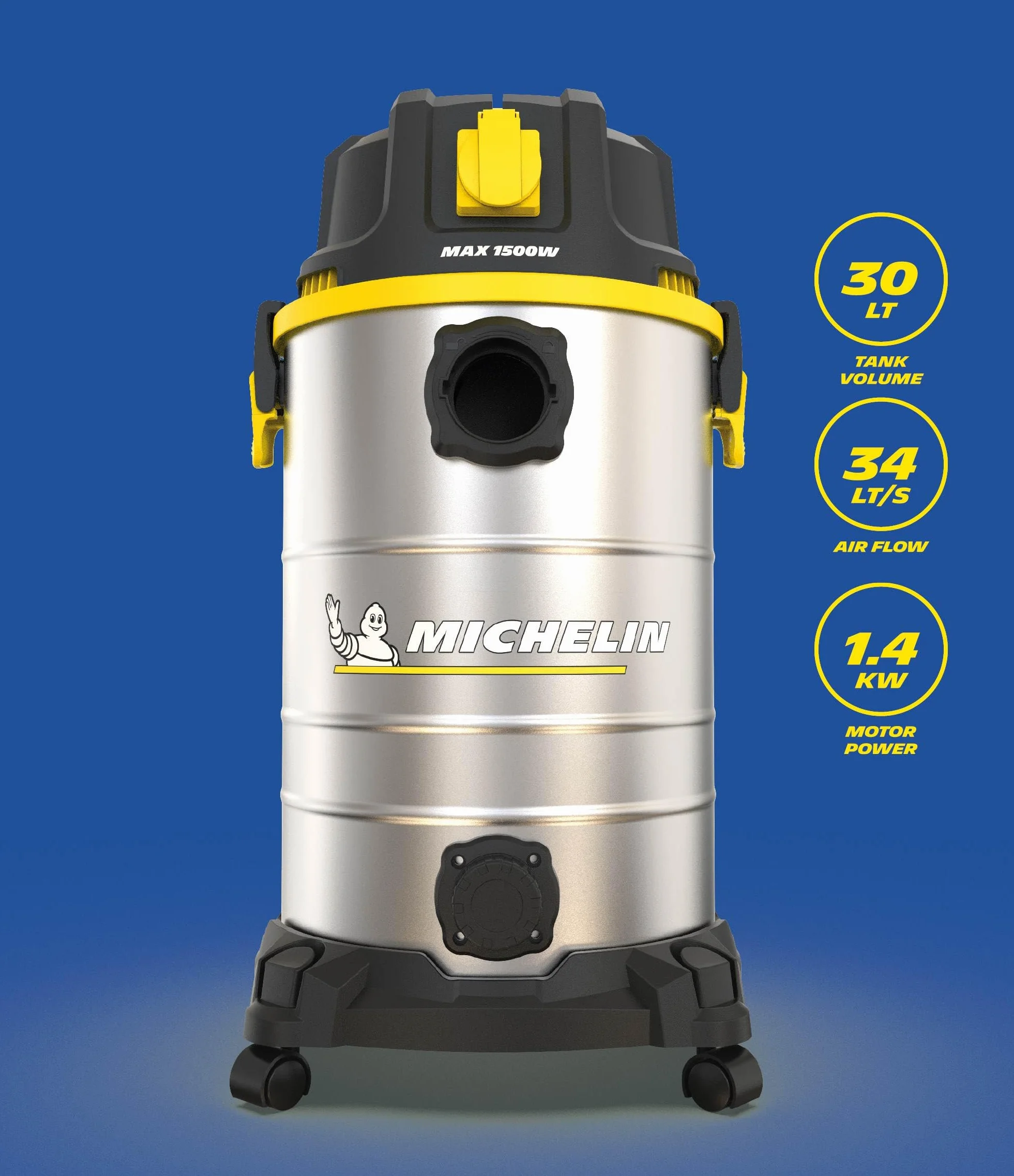 MICHELIN, Odkurzacz na stałe i ciecze, HP30 PRO, zbiornik ze stali 30 l, z gniazdem elektronarzędzi, 1400 W, z akcesoriami, funkcja dmuchania, 21 kPa