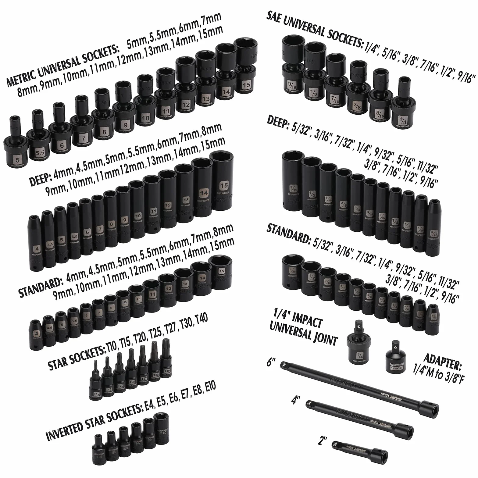 MIXPOWER 86 szt. 1/4" Drive Master Impact zestaw nasadek udarowych, uniwersalne/głębokie/standardowe/Torx/odwrócone gniazdo Torx, klasa udaru, metryczne i SAE, 6 punktów