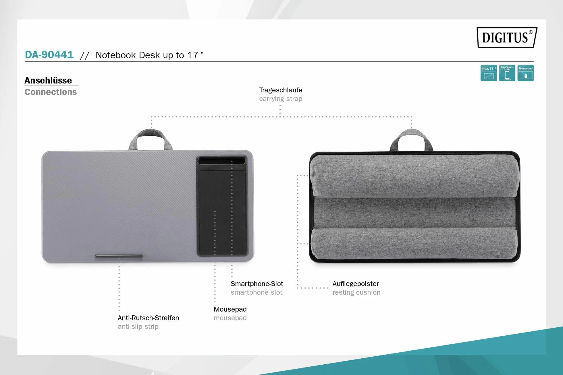 DIGITUS Poduszka pod laptopa z uchwytem na smartfona i podkładką pod mysz 17" szara