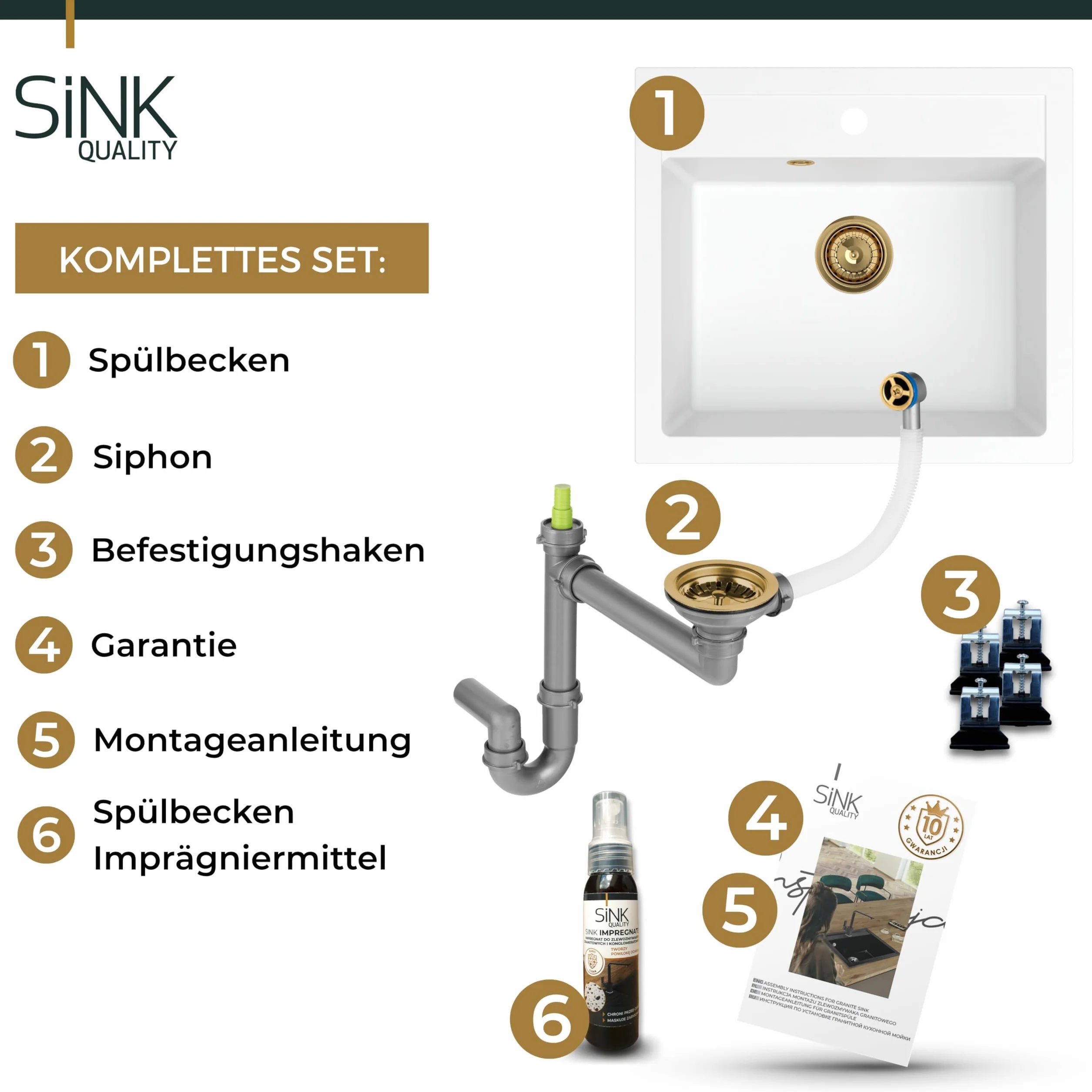 SINK QUALITY zlewozmywak granitowy biały 56 x 51 cm – zlewozmywak granitowy ze złotym syfonem i impregnacją – zlewozmywak do szafek od 60 cm szerokości – pojedynczy zlew do zabudowy – umywalka do
