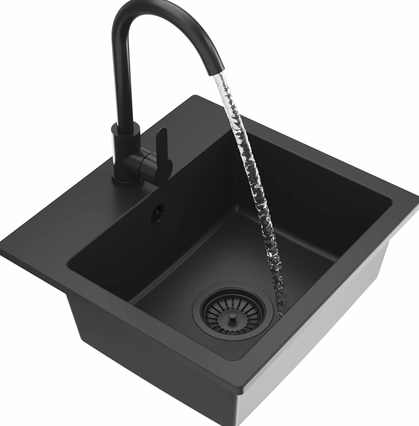 Granitan Zlewozmywak Milos 44,5 x 41,5 cm – umywalka do kuchni z armaturą kuchenną – zlewozmywak granitowy z dwoma otworami – zlewozmywak do zabudowy z syfonem – głęboka czerń (również czarny syfon)