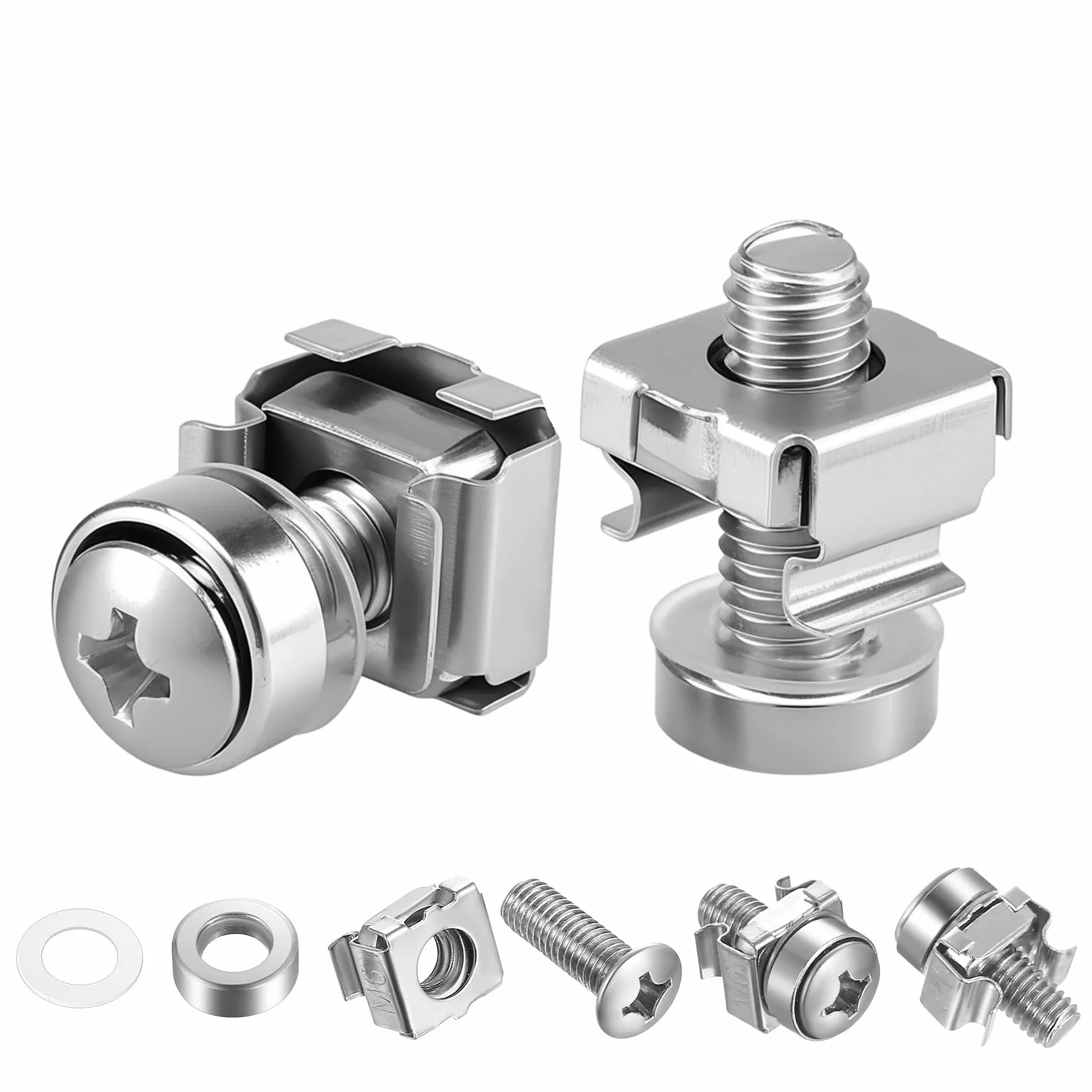 Klatkowe nakrętki i śruby M6 x 20 mm do szaf sieciowych, 40 szt./20 kompletów — zestaw śrub montażowych i klatkowych nakrętek do patchpaneli, racków, obudów serwerowych i szaf sieciowych