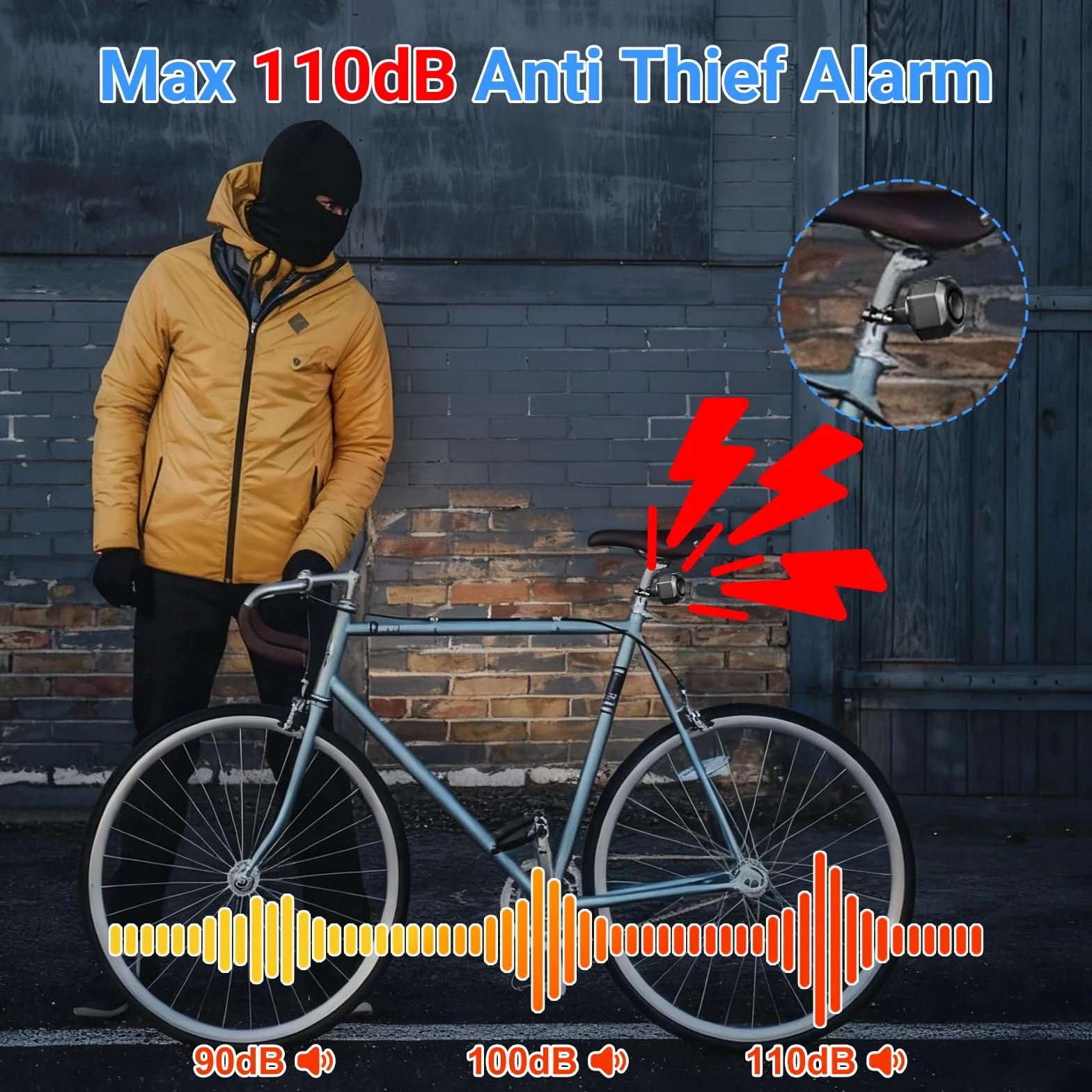 Cruxer Alarm rowerowy z uchwytem, ładowany przez USB, bezprzewodowy alarm wibracyjny antykradzieżowy, głośność i czułość 110 dB, regulowany czujnik, system włamaniowy z pilotem do mobilności motocykla, skutera przyczepy kempingowej