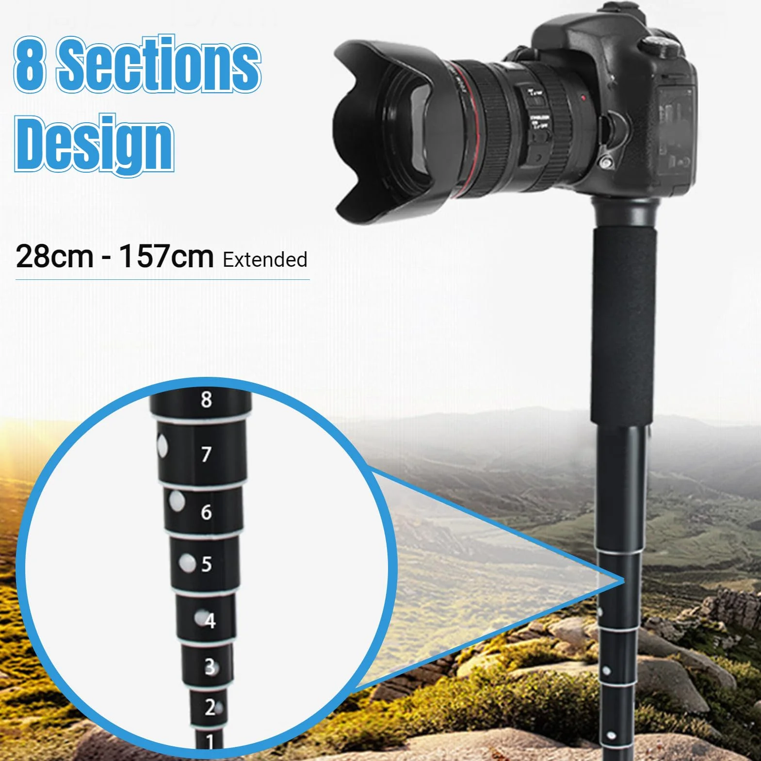 Lekki teleskopowy monopod aparatu 8 sekcji 28-157 cm z szybkim zapięciem antypoślizgowy