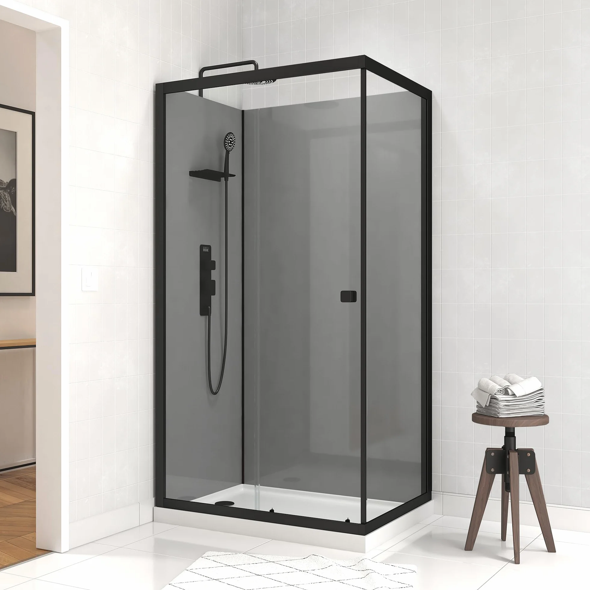 Marwell Kompletny prysznic Grey Style Rectangle 215 x 90 x 90 cm - gotowy prysznic z 5 mm szkłem hartowanym - z półką na przybory prysznicowe - wysokiej jakości rama aluminiowa