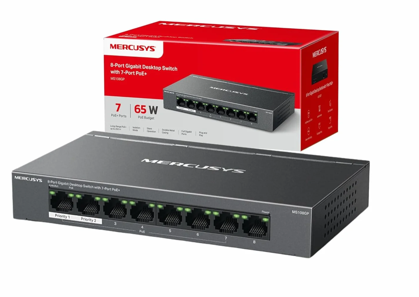 Mercusys MS108GP | 8-Portowy Przełącznik Gigabitowy | 7× Portów PoE+ | Budżet PoE 65W | Tryby Extend i Isolation | Metalowa Obudowa | Plug & Play