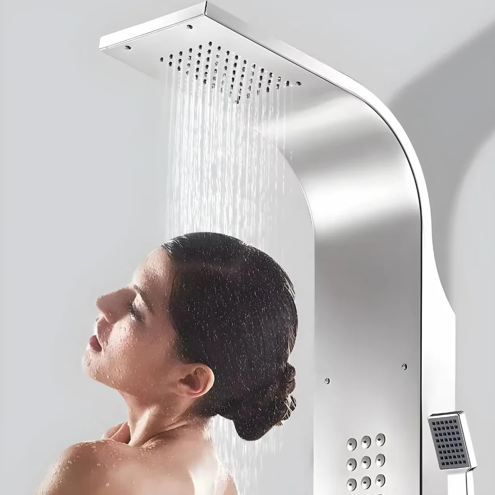 ZOLTA Panel Prysznicowy z Hydromasażem Srebrny – Niklowany Zestaw Prysznicowy z Baterią, Deszczownicą i Kranem, Nowoczesny Panel Natryskowy do Łazienki SPA
