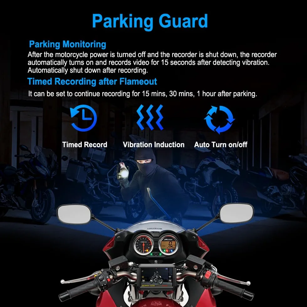 Vsystemo WiFi Motocyklowy tachograf HD 1080p wodoodporna kamera DVR Czarny