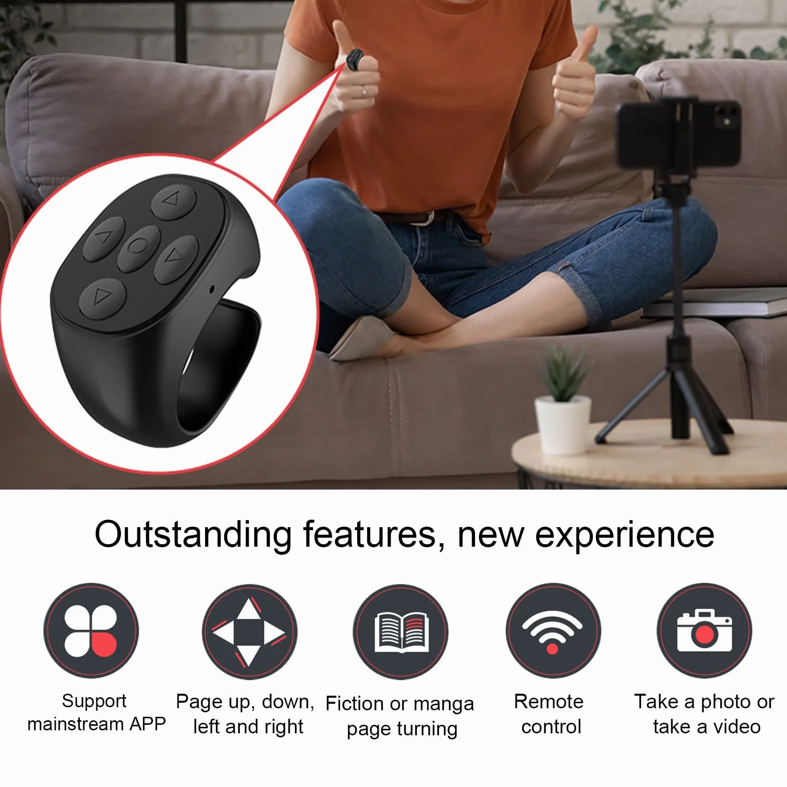 Pilot Zdalnego Sterowania Bluetooth Bezprzewodowy Przewijanie Strony dla iOS Android Czarny