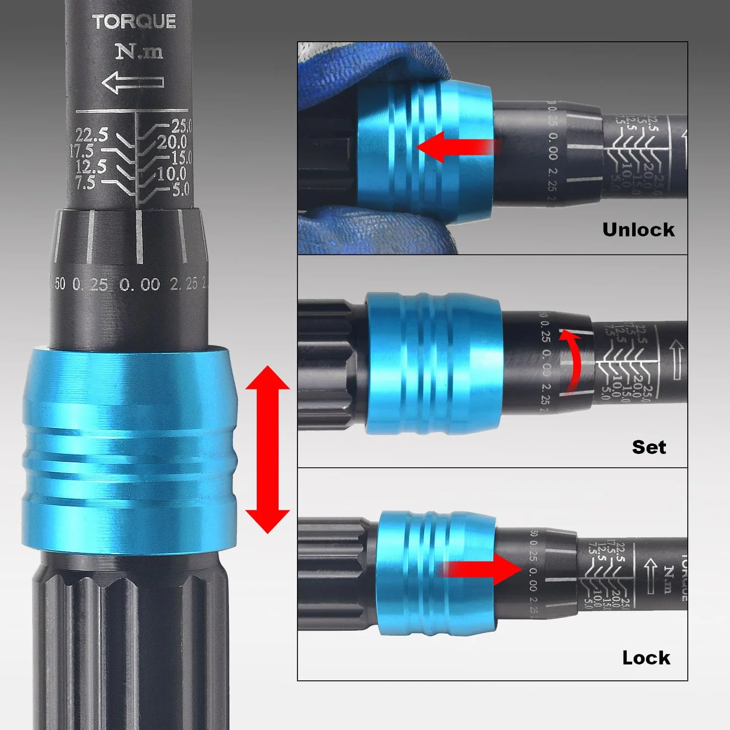 Zestaw 32 kluczy dynamometrycznych z grzechotką 1/4" z regulacją momentu obrotowego 5-25 Nm ±3%, z przedłużką 1 * 4", nasadkami 6-7-8-10-13 mm do samochodów, motocykli, ciężarówek i motocykli