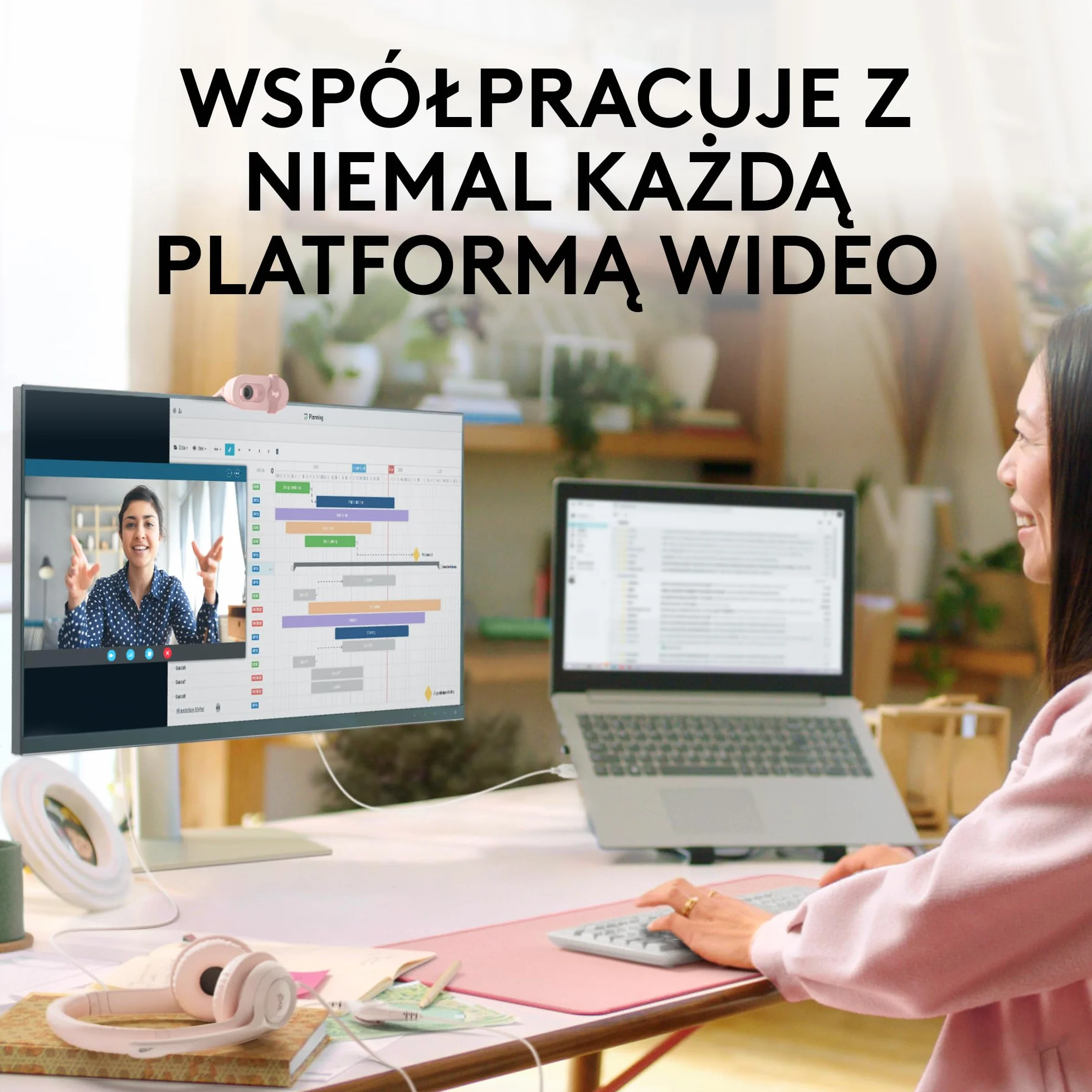 Logitech Brio 100 Full HD Kamera do spotkań, automatyczny balans światła, wbudowany mikrofon, USB-A, Róża