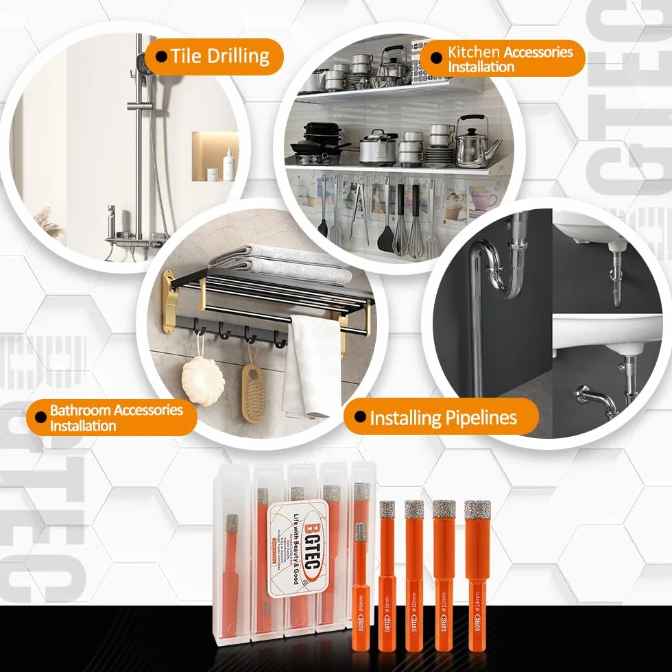 BGTEC Wiertła do suchego diamentu z sześciokątnym trzonkiem do płytek porcelanowych, cegła ceramiczna, marmurowa, 5 sztuk, średnica 6 mm