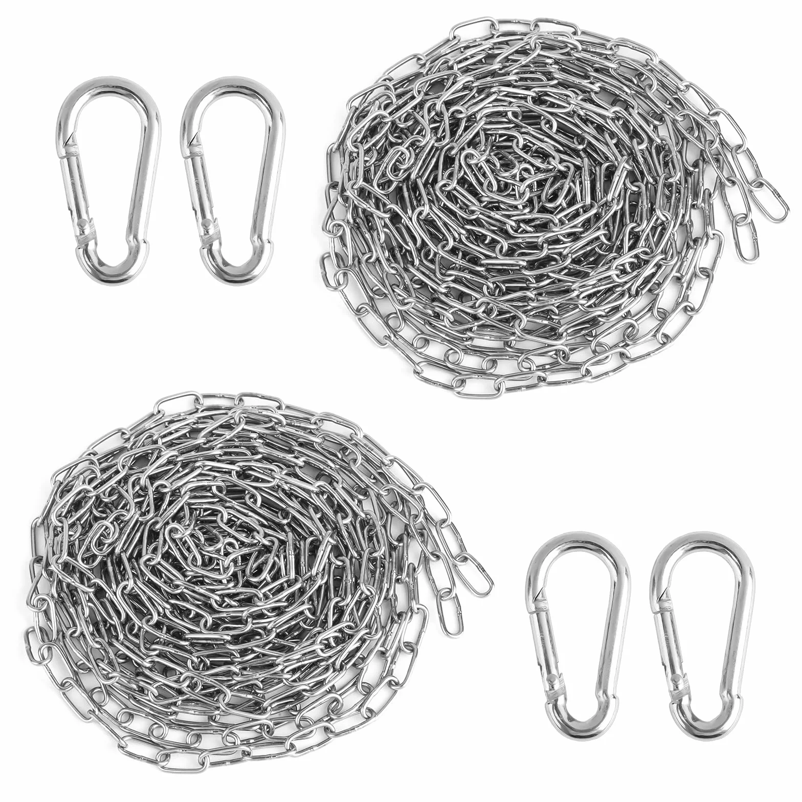 Łańcuch ze stali nierdzewnej, 2 sztuki, towar sprzedawany na metry, 1,5 mm x 5 m, łańcuch ze stali nierdzewnej, trwały łańcuch ogniwowy, okrągły łańcuch ze stali nierdzewnej, z 4 karabińczykami do