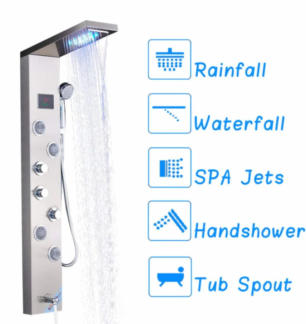 Panel prysznicowy do wanny z wyświetlaczem temperatury LCD, kolumna prysznicowa LED ze stali nierdzewnej z dyszą korpusu SPA, dysze do masażu