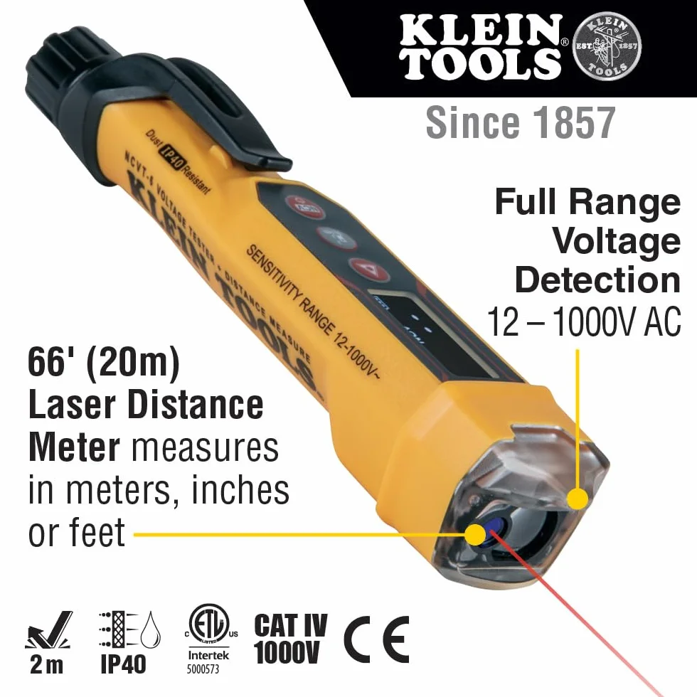 KLEIN TOOLS Bezdotykowy miernik napięcia, 12 do 1000 V AC, z dalmierzem laserowym, żółty, czarny