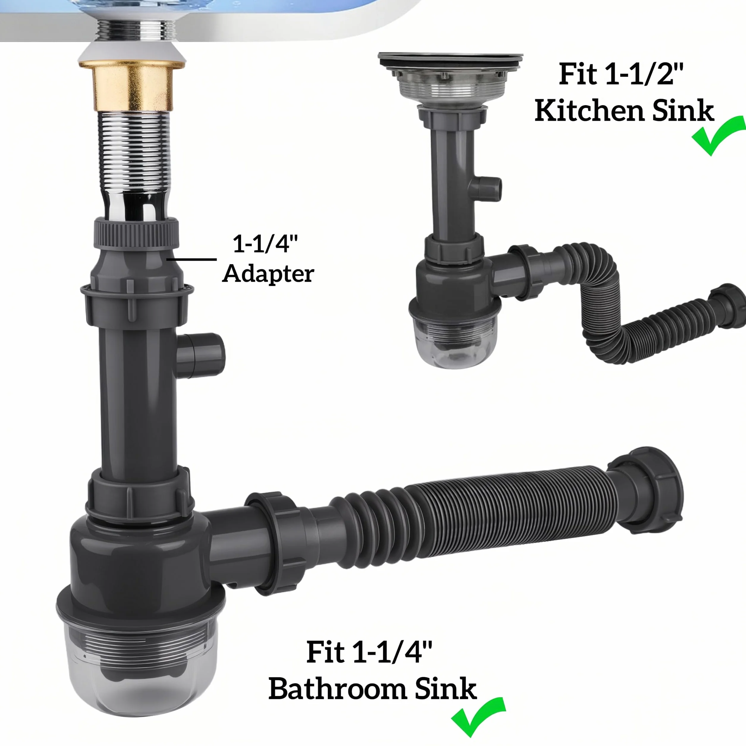 Zestaw hydrauliczny z PCW 1-1/10.2 cm i 1-1/5.1 cm z adapterem gwintowanym, zestaw odpływowy do zlewu do łazienki i kuchni, zamiennik pułapki P, elastyczna końcówka odpływowa rury przedłużającej