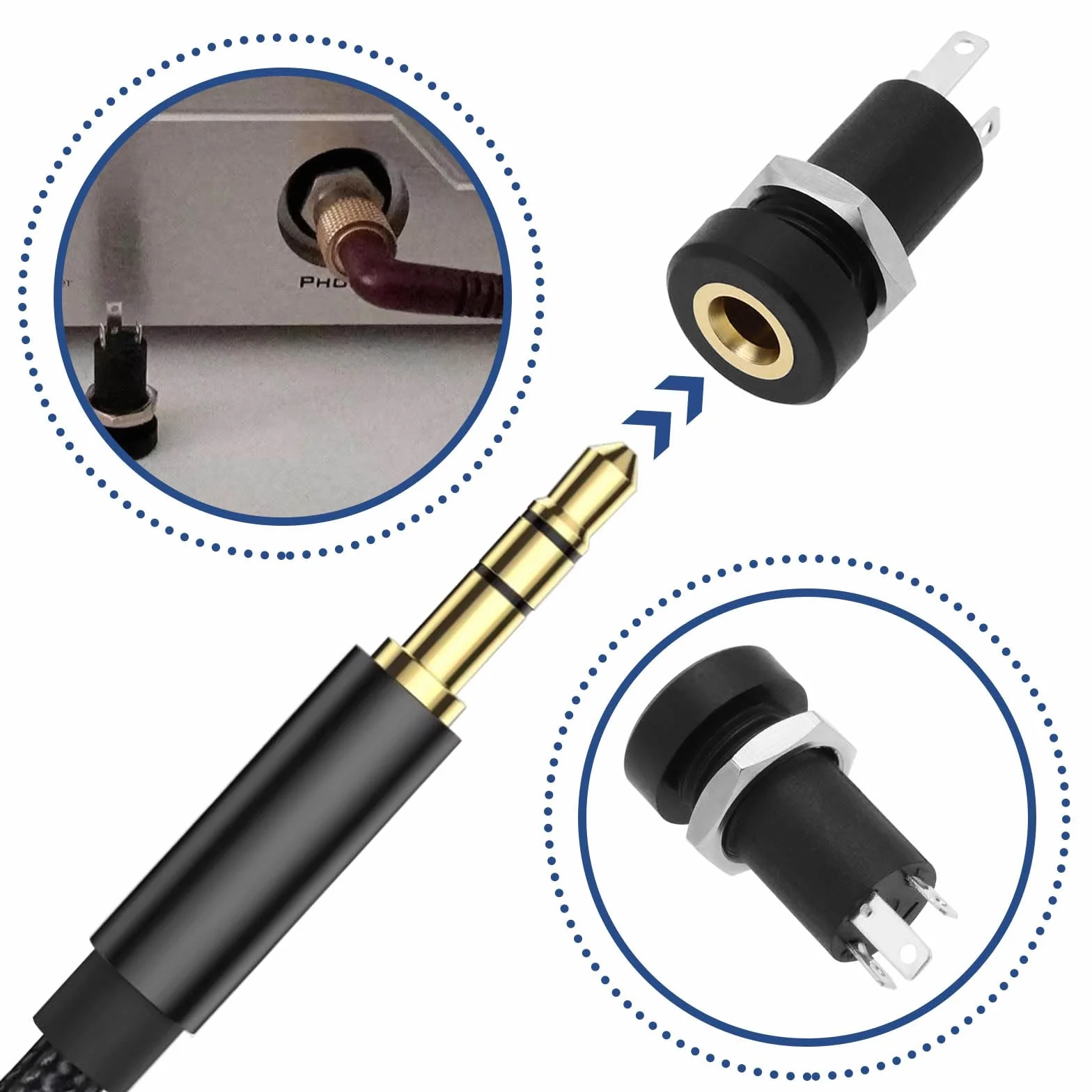 EMSea 5 sztuk 3,5 mm gniazdo audio jack 3 bieguny gniazdo stereo wtyczka jack wtyczka stereo panel lutowania czarny z nakrętką