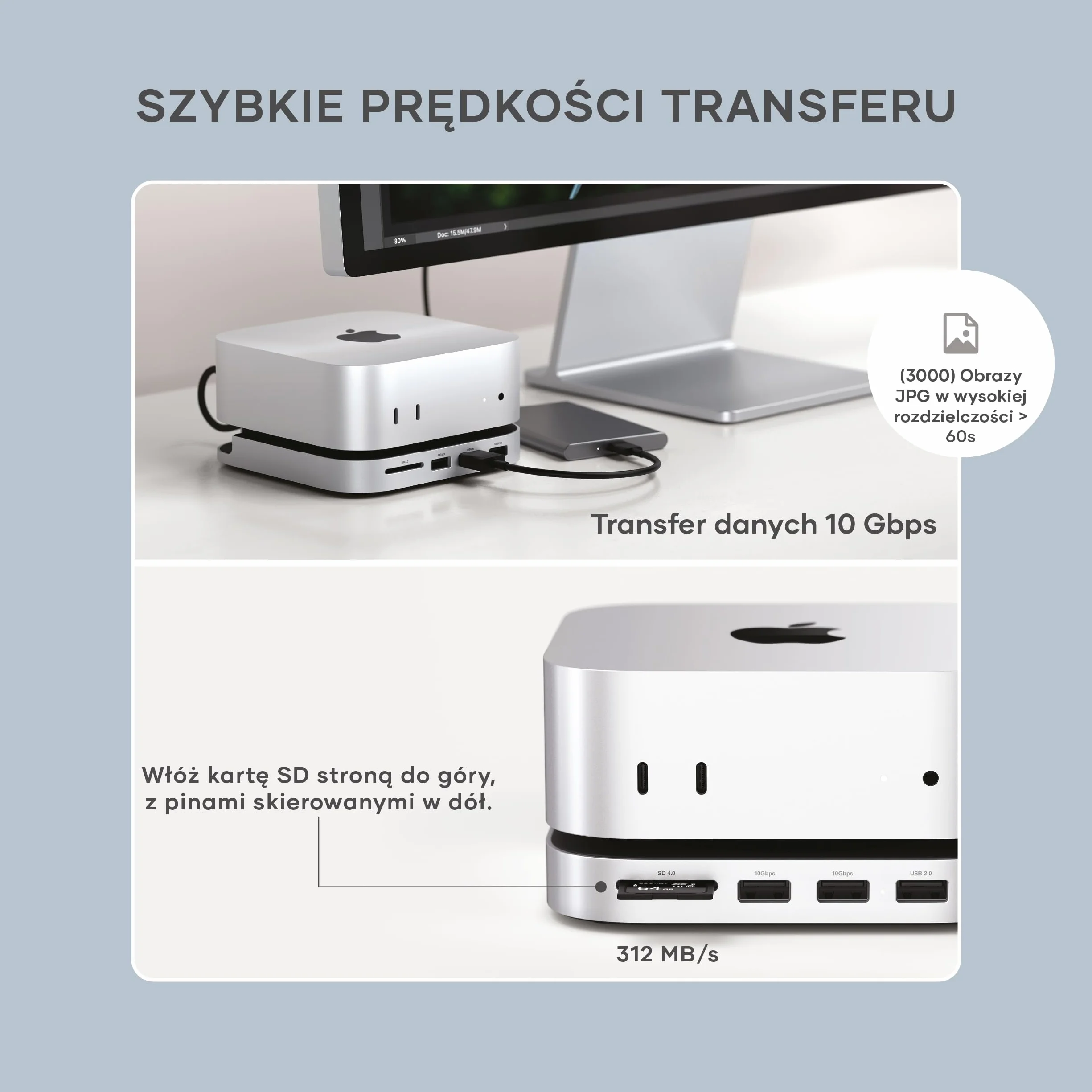 SATECHI Stacja dokująca Mac Mini M4 Hub & Stand z obudową na SSD NVMe, 2x USB-A 10 Gbps, czytnikiem kart SD – Srebrny