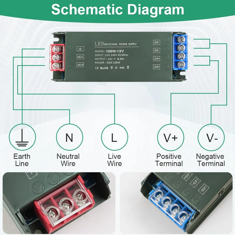Transformator LED URAQT 220 V 12 V, 100 W Wejście transformatora LED, zasilacz niskonapięciowy AC na DC, sterownik stałego napięcia LED, niskonapięciowy transformator LED AC na DC