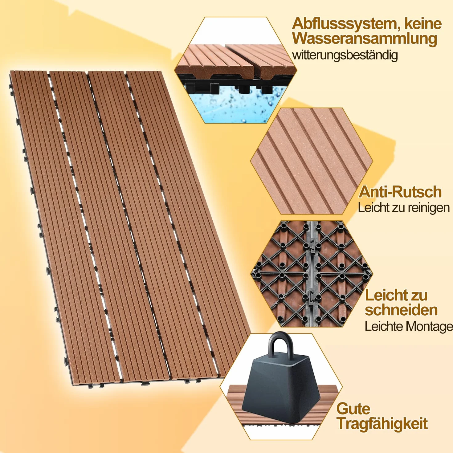 Płytki tarasowe WPC 30x60 cm, 36 sztuk /6 m², płytki WPC na balkon, wodoodporne i antypoślizgowe, z drenażem i systemem zatrzaskowym, łatwe w układaniu, kolor brązowy