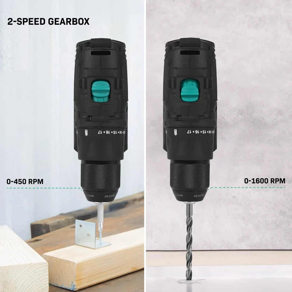 VONROC PRO Wiertarko-Wkrętarka Akumulatorowa 20V 40Nm Bezszczotkowa | 4.0Ah | 2 Biegi 0-1600 obr./min | Metalowy Uchwyt 10mm | 17+1 Ustawień | LED | VPower (aku 4.0Ah i ładowarka)