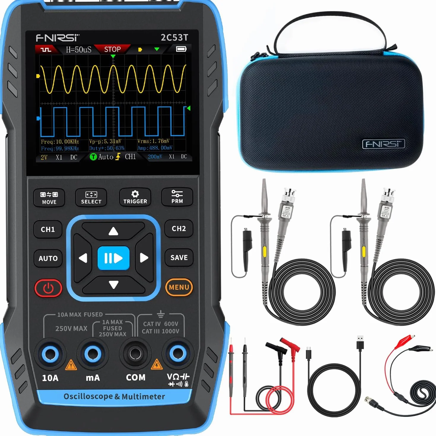 Oscyloskopy Multimetry,Oscyloskop Cyfrowy 3 w 1 Oscyloskop Cyfrowy Przenośny Multimetr Oscyloskop Szerokość Pasma 2-kanałowego 50 MHz Częstotliwość próbkowania 250 MSa/s 19999 Liczba