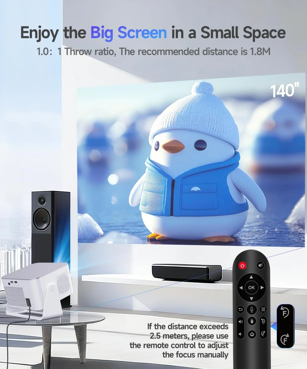 Alwtniet Mini projektor 4K 8K, obsługa Full HD 1080p, Smart Projector z systemem Android 14, WiFi 6 Bluetooth 5.4, autofokus, automatyczne ustawianie ostrości, 180°, małe kino domowe, ultrakrótki