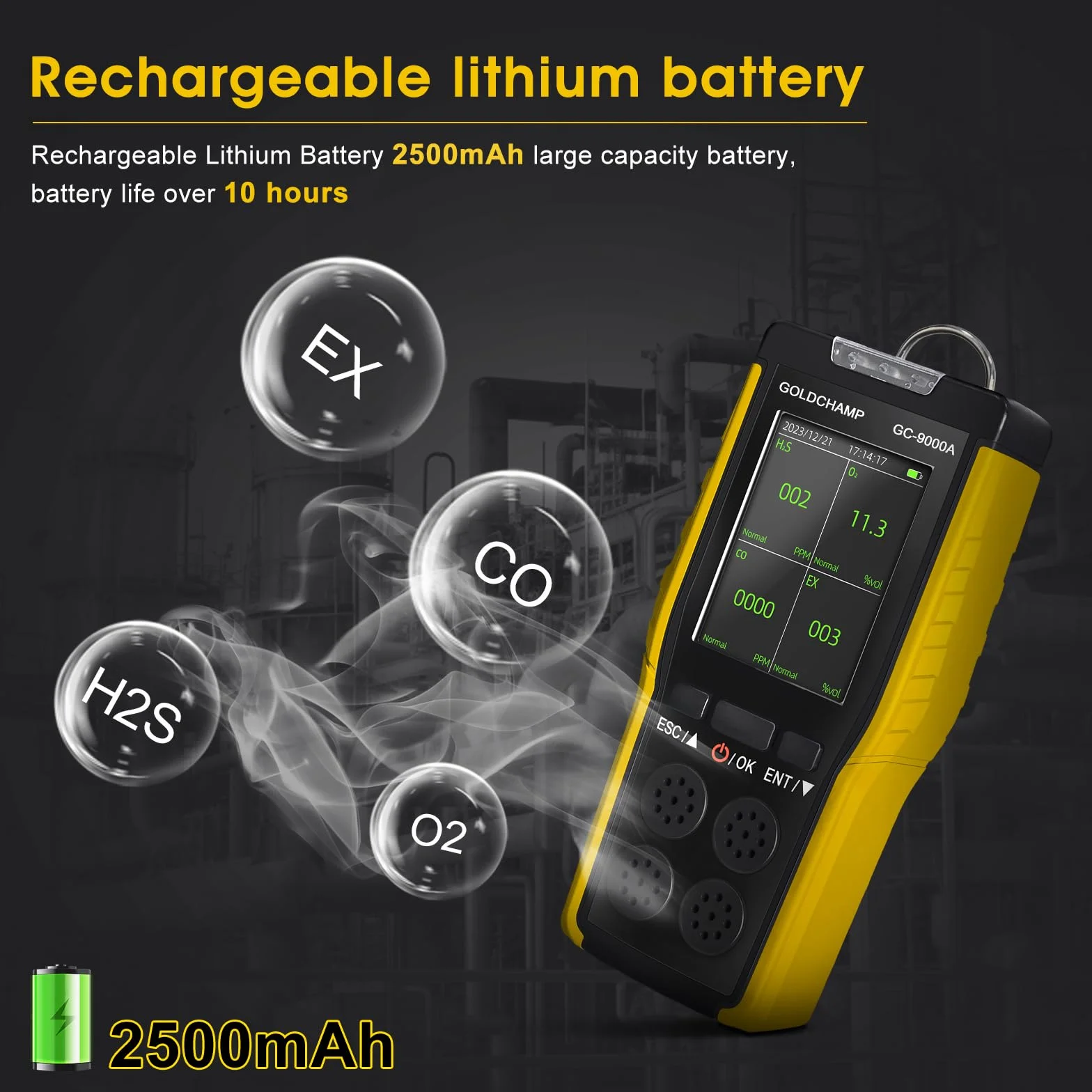 Detektor gazu 4 w 1 do palnych/O2/H2S/CO, alarmu dźwiękowego/świetlnego/wibracyjnego i wyświetlacza LCD, detektorów wycieku gazu do domu + anemometru ręcznego, 5 jednostek i przełącznik ℃/℉, miernik