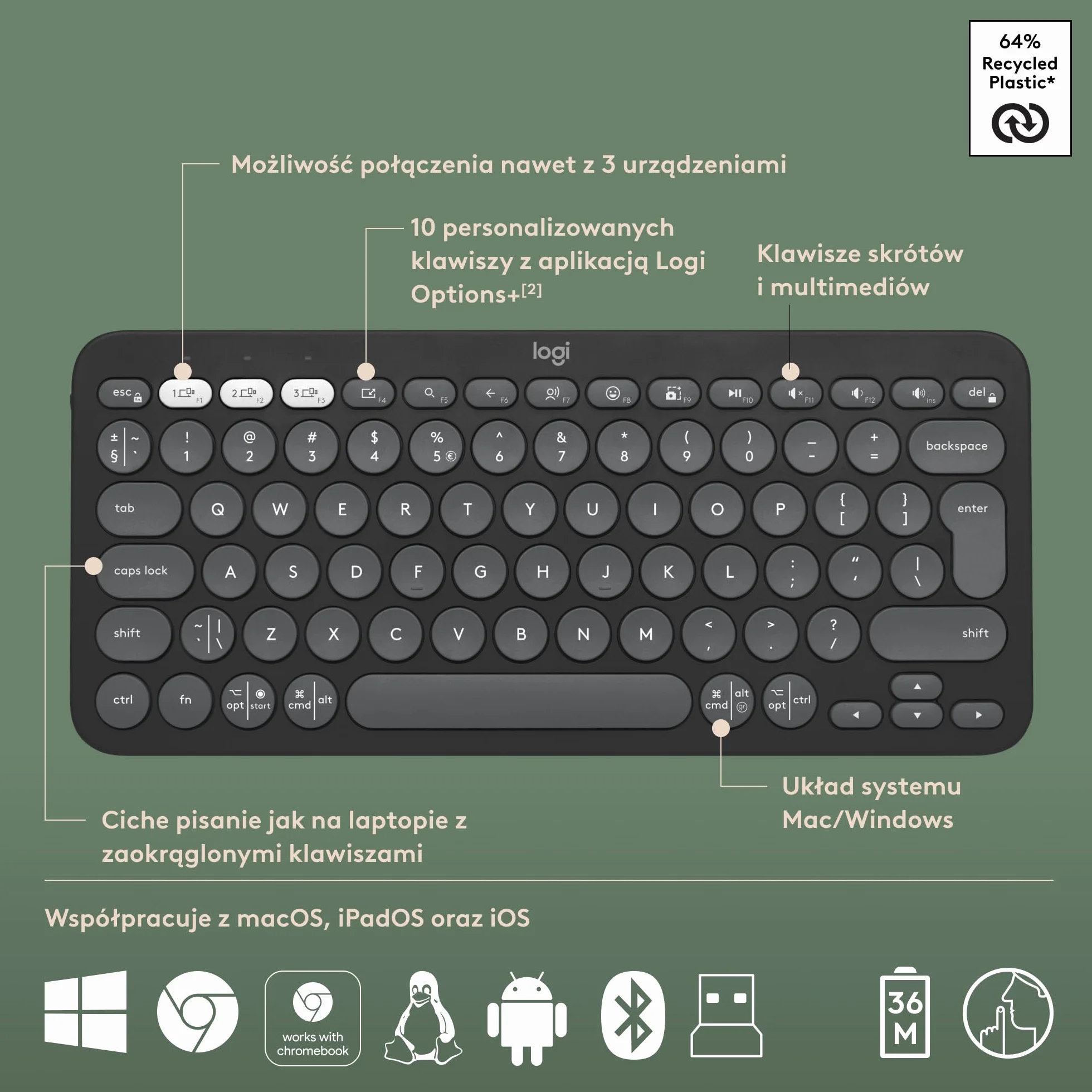 Logitech Pebble 2 Combo Bezprzewodowa klawiatura i mysz Logi Bolt Bluetooth Grafit