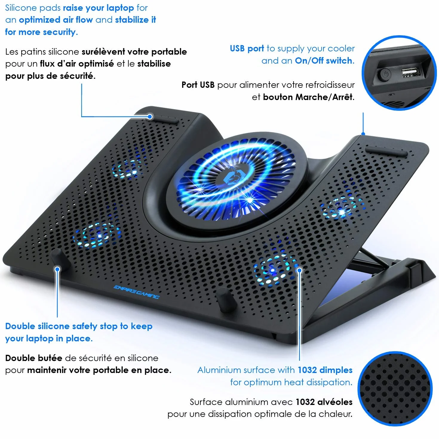 EMPIRE GAMING Turboost aluminium wentylator chłodzący do laptopa 12-17 cali 5 cichych wentylatorów niebieski LED USB