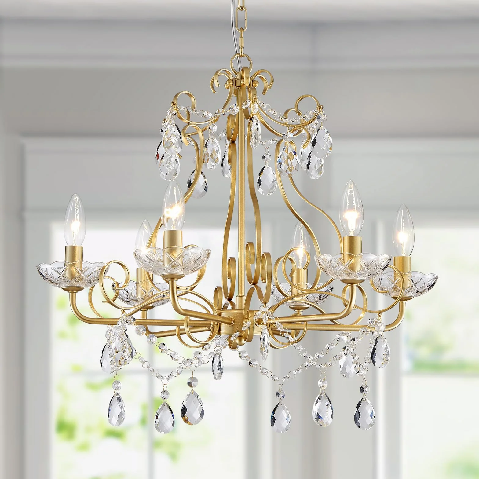 WUZUPS Kryształowy żyrandol świecowy lampa wisząca sufitowa nowoczesna oprawa oświetleniowa do sypialni, przedpokoju, baru, kuchni, łazienki, wys. 55 x szer. 57, złoty, podstawa E14