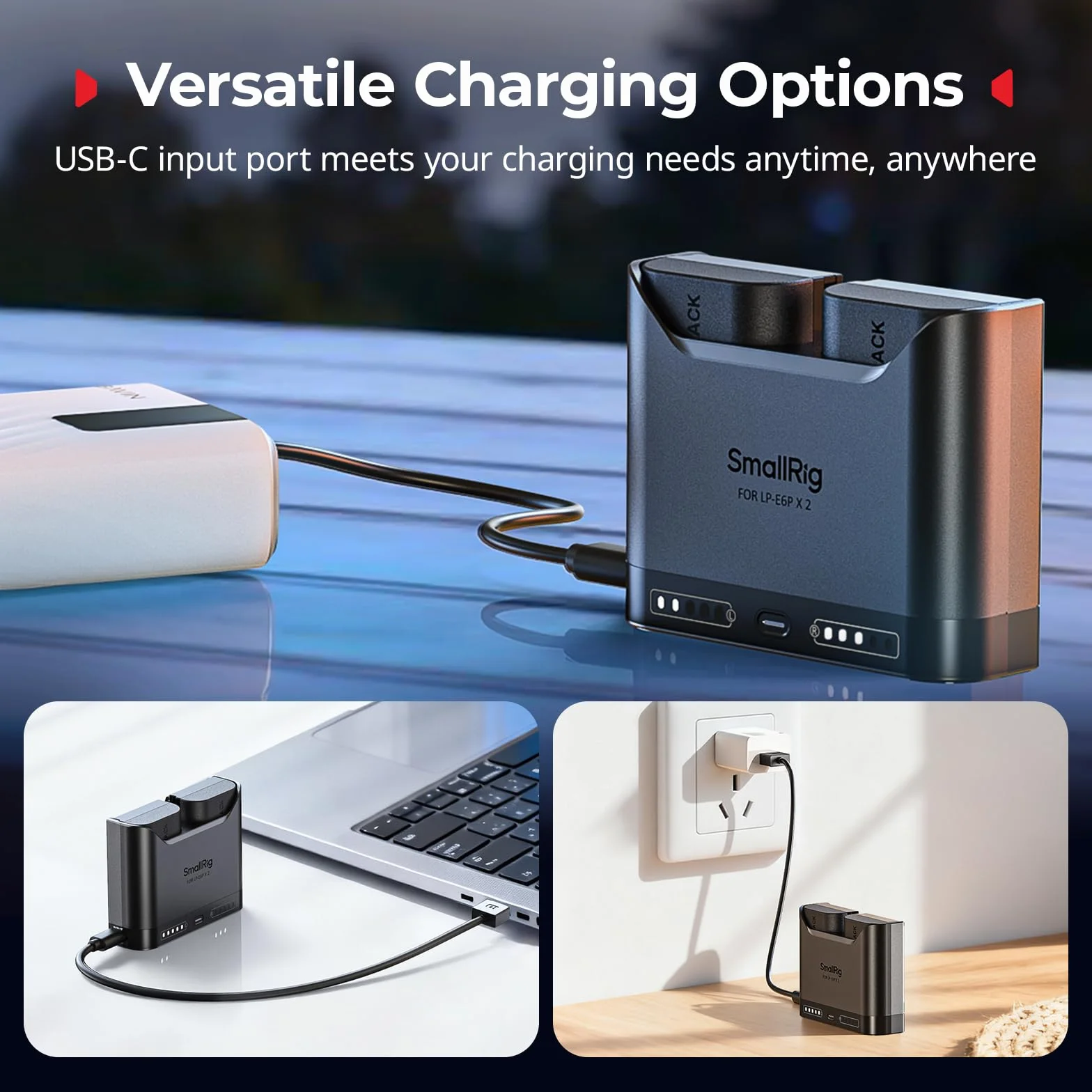 SMALLRIG Ładowarka akumulatorów LP-E6P LP-E6NH LP-E6N LP-E6 do Canon, 2-godzinna ładowarka z dwoma gniazdami i portem USB-C 22,5 W, w pełni kompatybilna z aparatami EOS R5 II, R6 II R5, R6, R7-5490